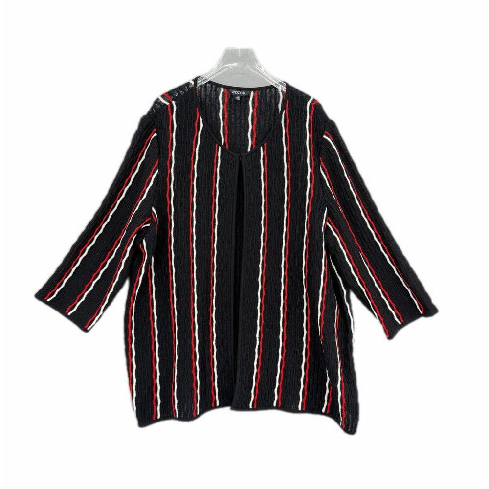 Misook Plus Black Textured Knit Red & White Stripe 3/4 Sleeve Cardigan Sweater